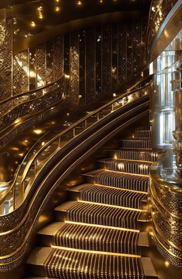 Luxurious interior staircase with intricate metalwork and illuminated golden steps