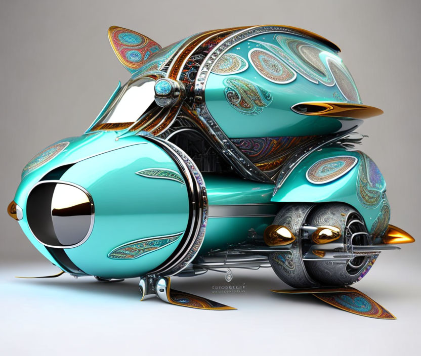 Fantasy and Steampunk-Inspired Car Artwork in Turquoise and Silver