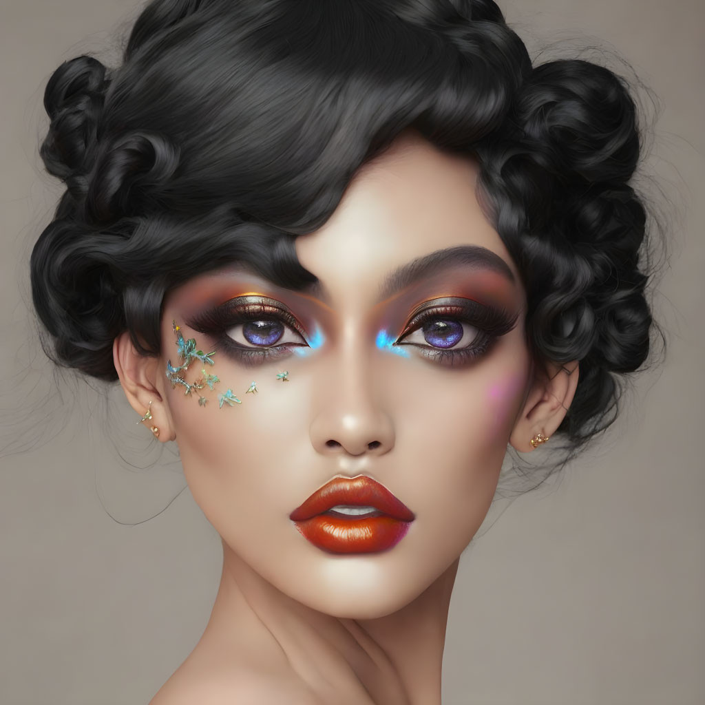 Vibrant makeup and curly hair digital artwork portrayal