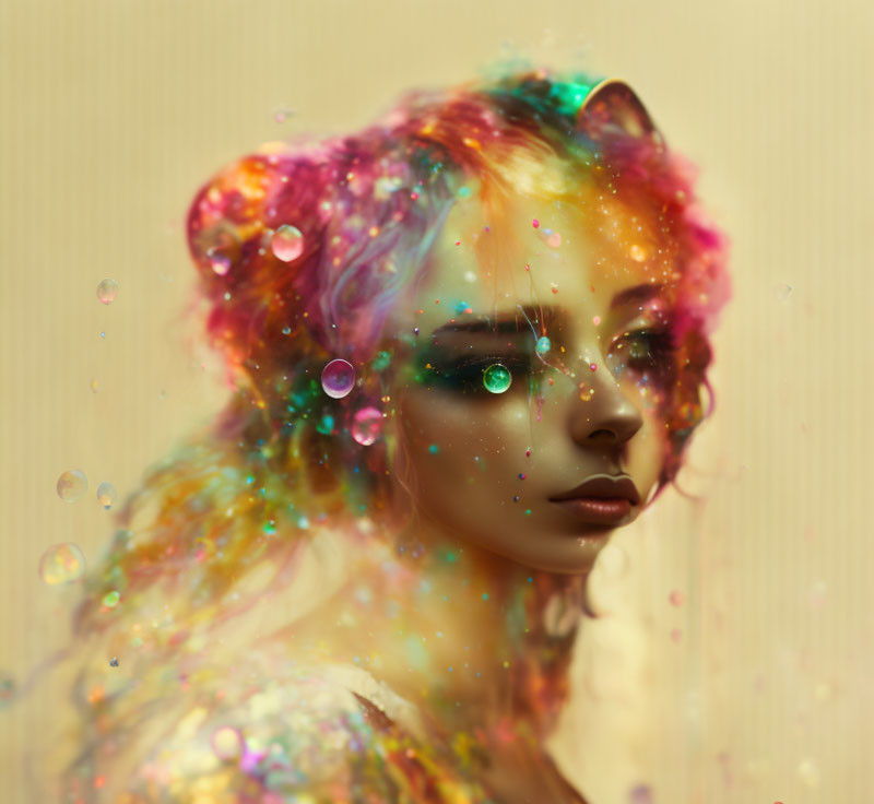 Multicolored hair digital portrait with sparkling bubbles and green eyes