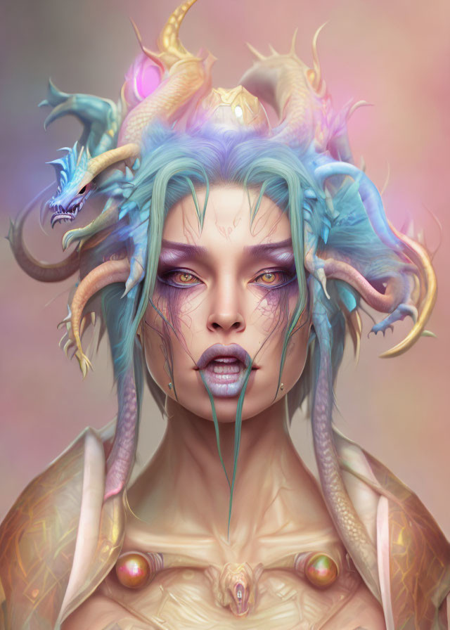 Blue-haired woman fantasy portrait with dragon motifs and serpentine creatures