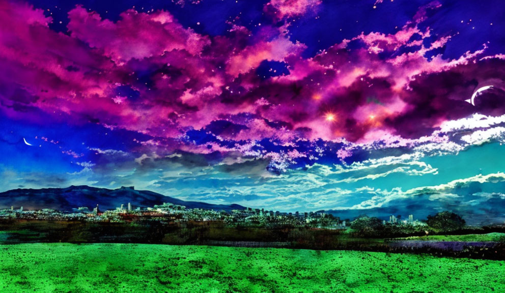 Colorful digitally altered landscape with vibrant sky and green field