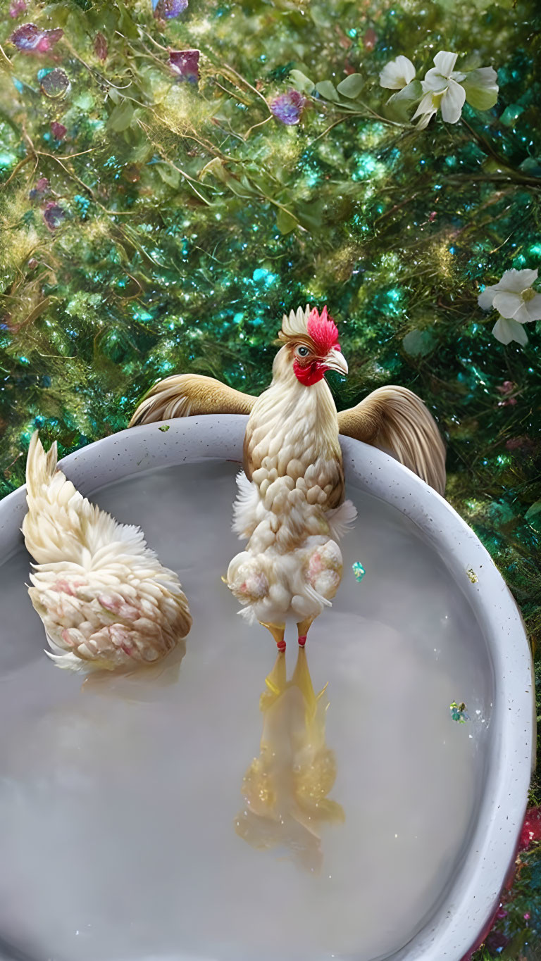 Colorful Chicken Figurine with Human-like Legs in Water Bowl surrounded by Glittery Background