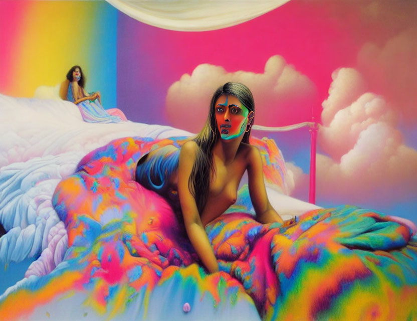 Vibrant surreal image of two women in dreamlike bedroom