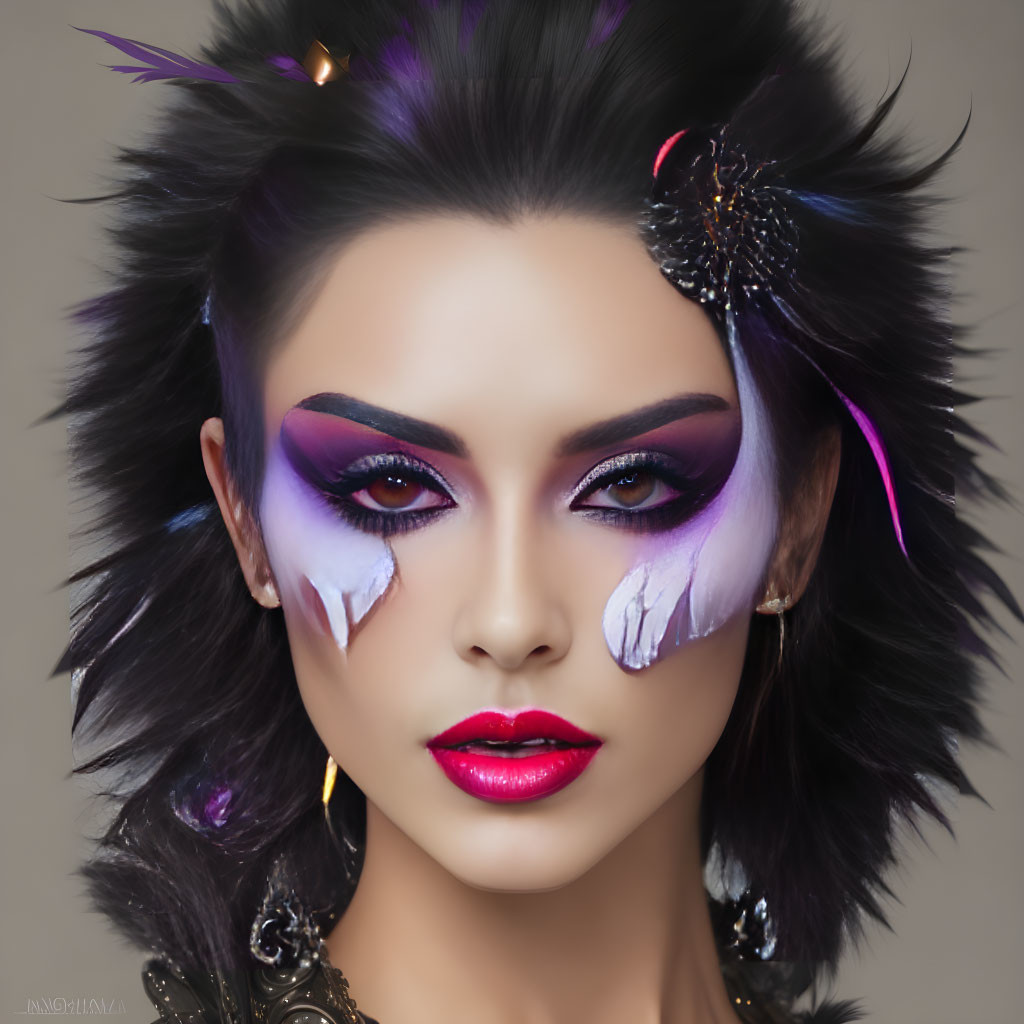 Striking Purple-themed Makeup with Feathered Hair Accessories