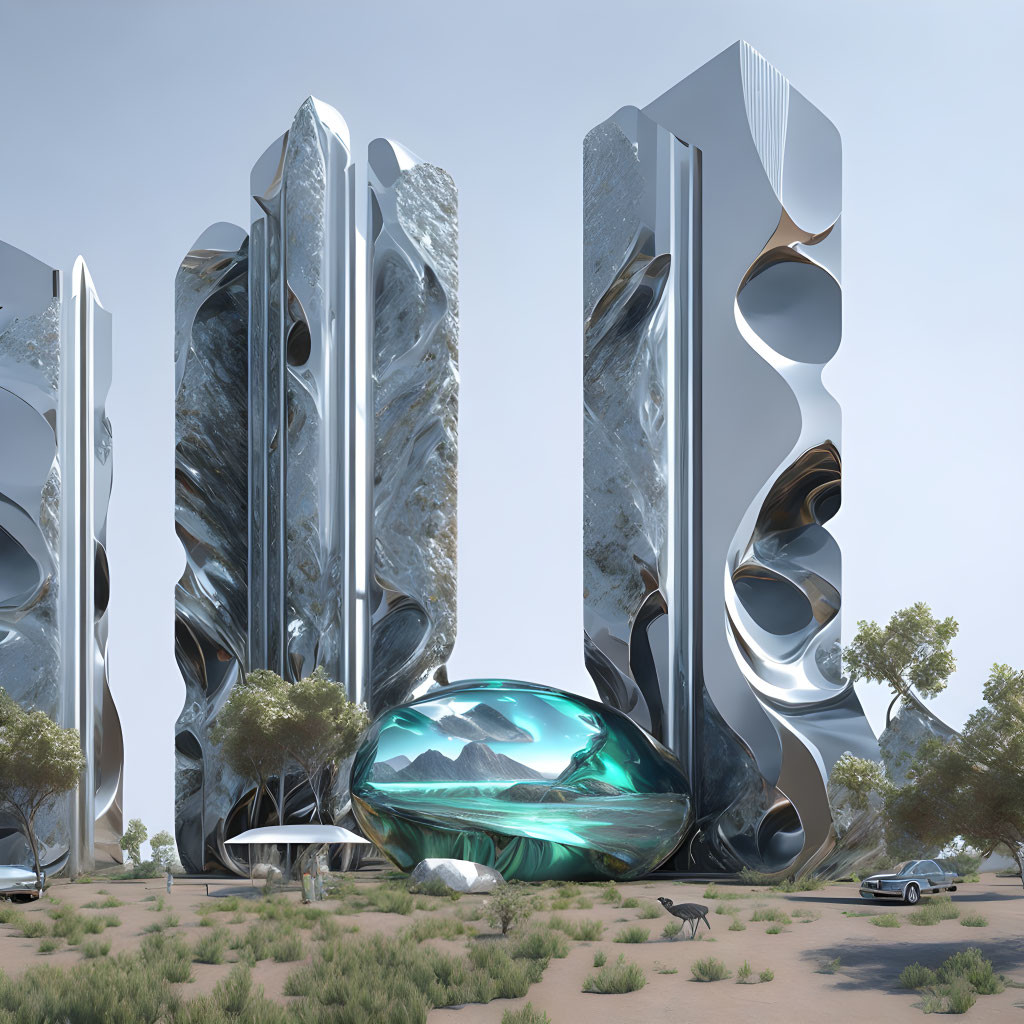 Mirrored futuristic architecture in desert landscape