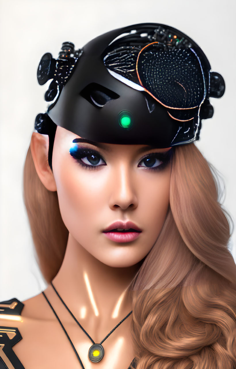 Long, Wavy Hair Person in Futuristic Black Helmet with Glowing Green and Orange Elements