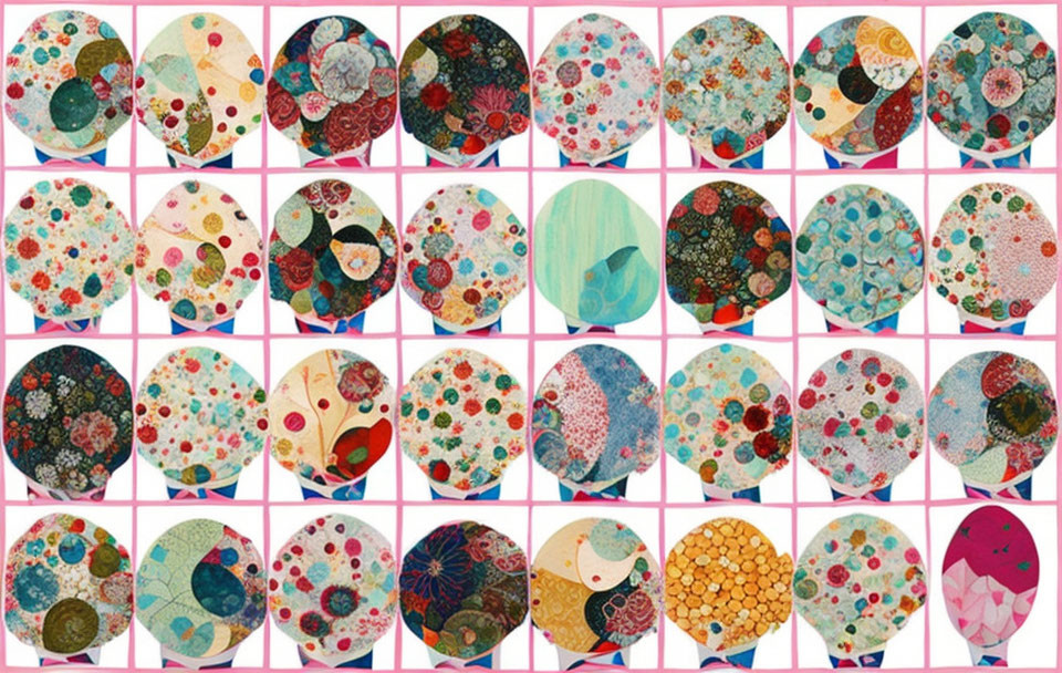 Colorful Round Abstract Artworks with Floral Motifs in Grid Display