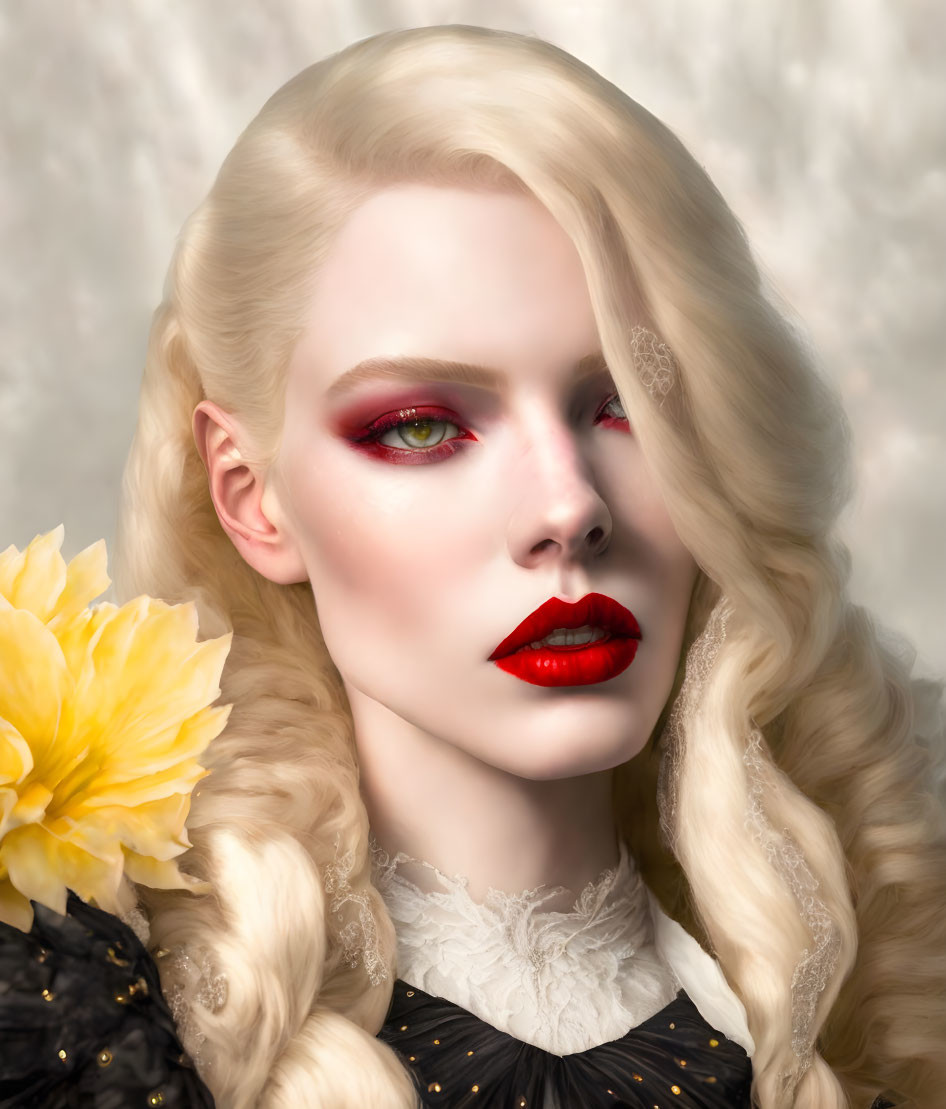 Portrait of Woman with Platinum Blonde Hair and Red Makeup