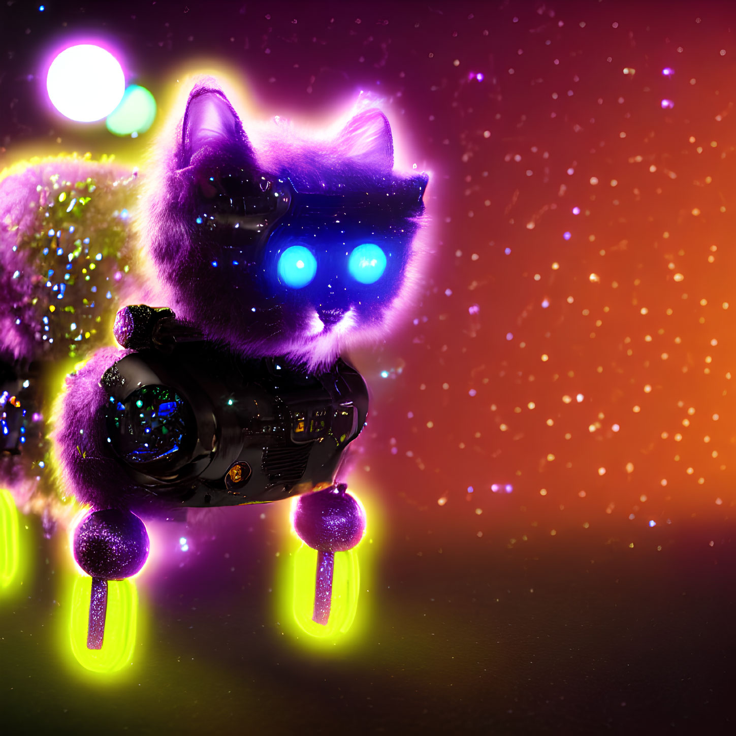 Glowing purple cosmic cat with blue eyes in space with camera and green orbs