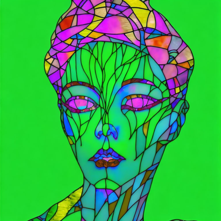 Vibrant stained-glass style face artwork in green, purple, and pink