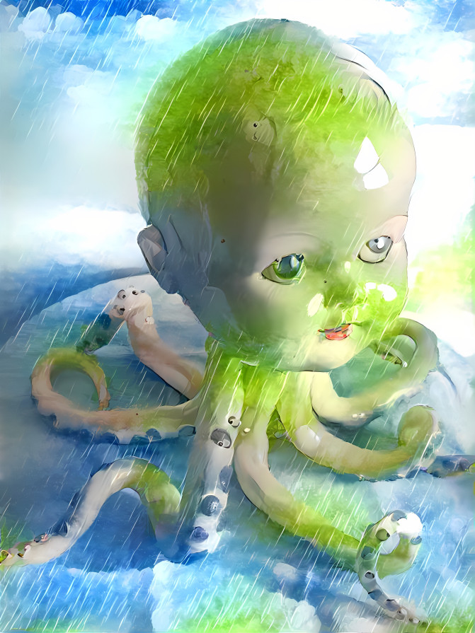 doll head on octopus body, light green, blue, rain