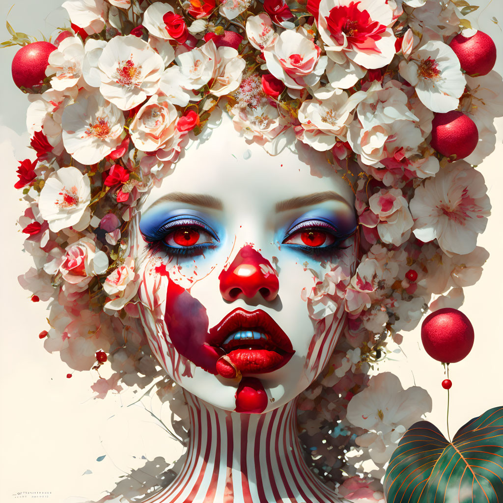 Vibrant floral and red orb adornments on stylized digital portrait of a woman