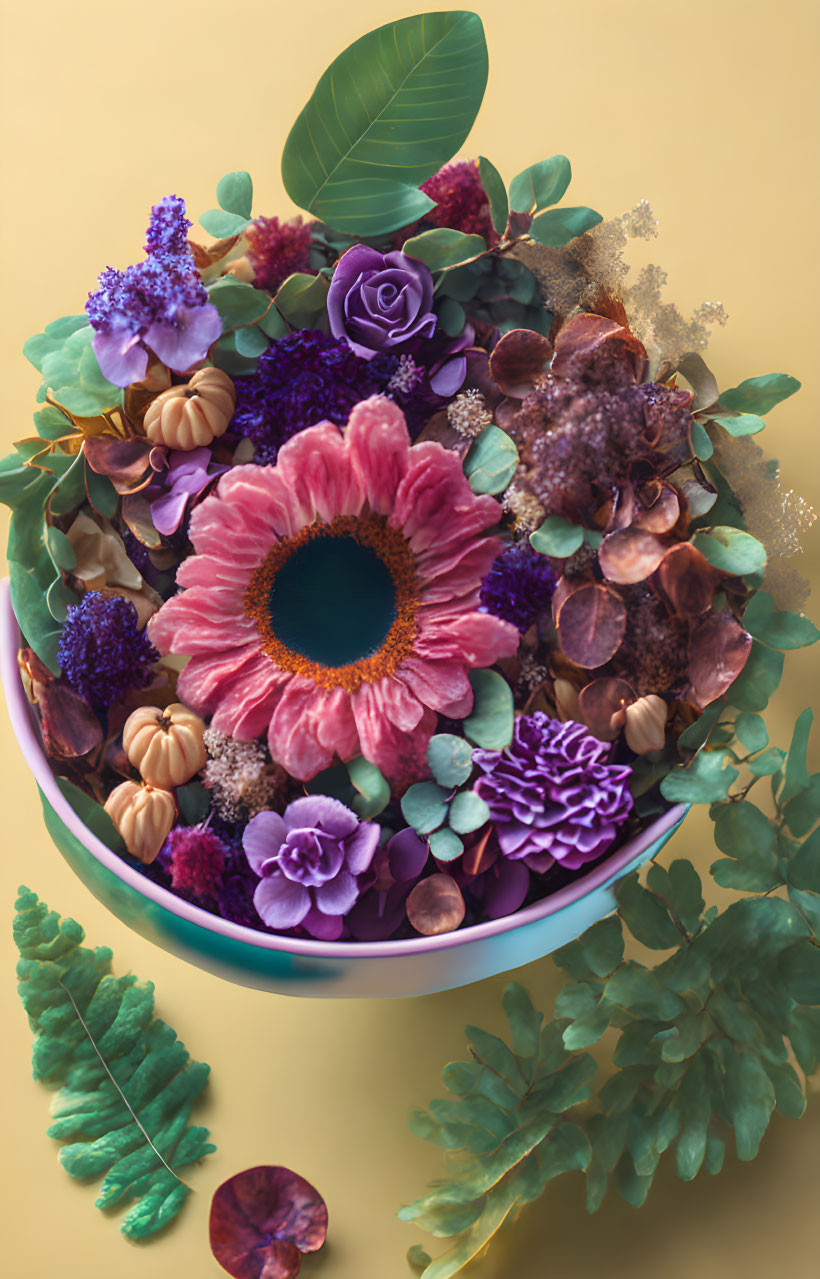 Colorful Floral Arrangement in Purple, Pink, and Green on Yellow Background