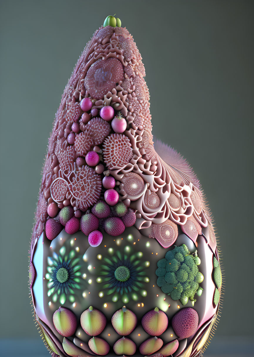 Pear-shaped Digital Art: Intricate Pink, Green, and Brown Fractal Patterns