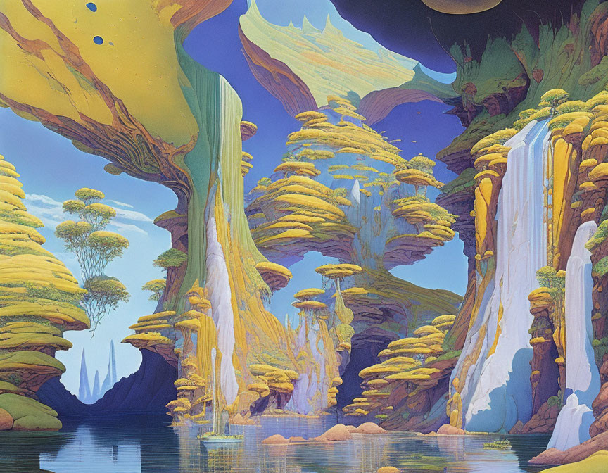 Colorful fantasy landscape with towering rock formations and waterfalls