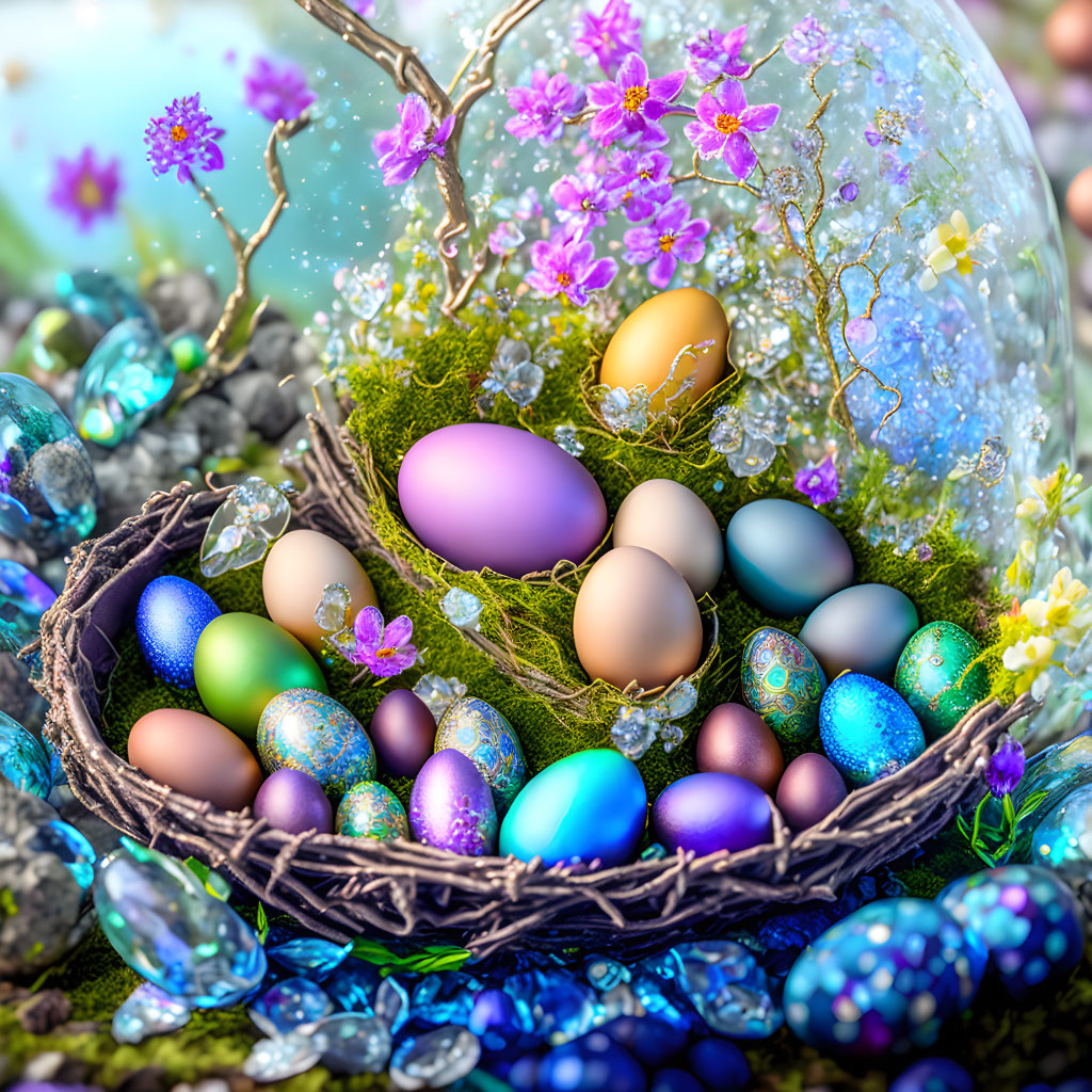 Colorful Easter display with eggs, flowers, gems, and tree sprouting from egg