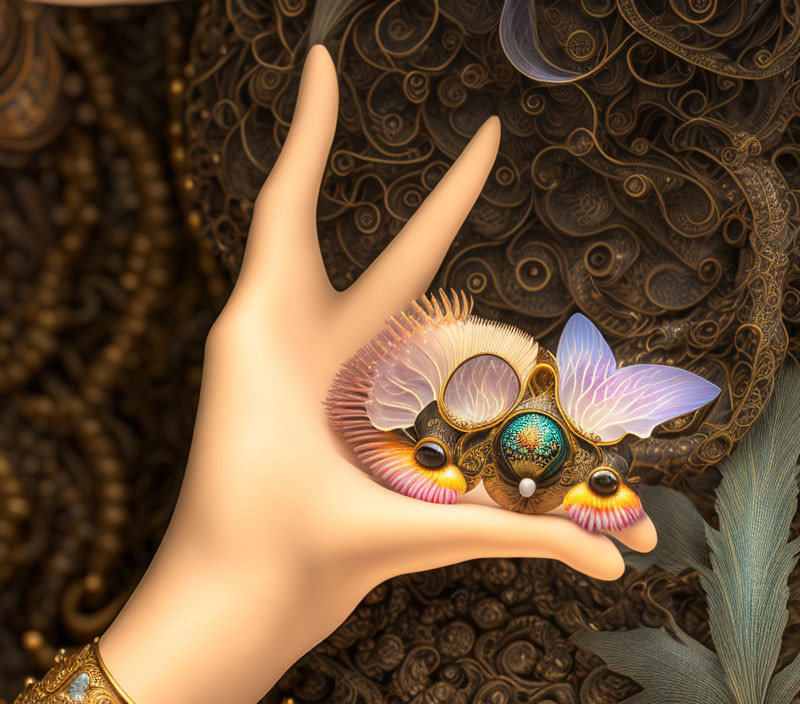 Detailed Hand with Butterfly and Ornate Jewelry on Golden Patterned Background