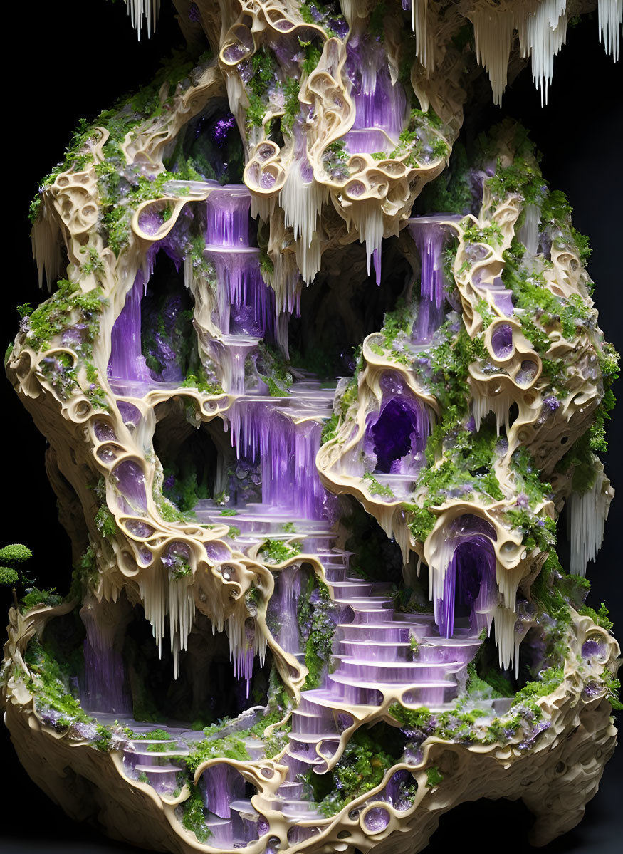 Intricate purple crystal staircase sculpture in lush greenery