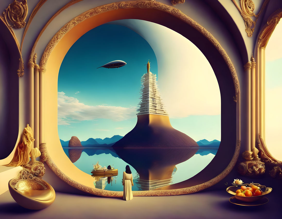 Surreal baroque frame with futuristic tower, zeppelin, and statue landscape view