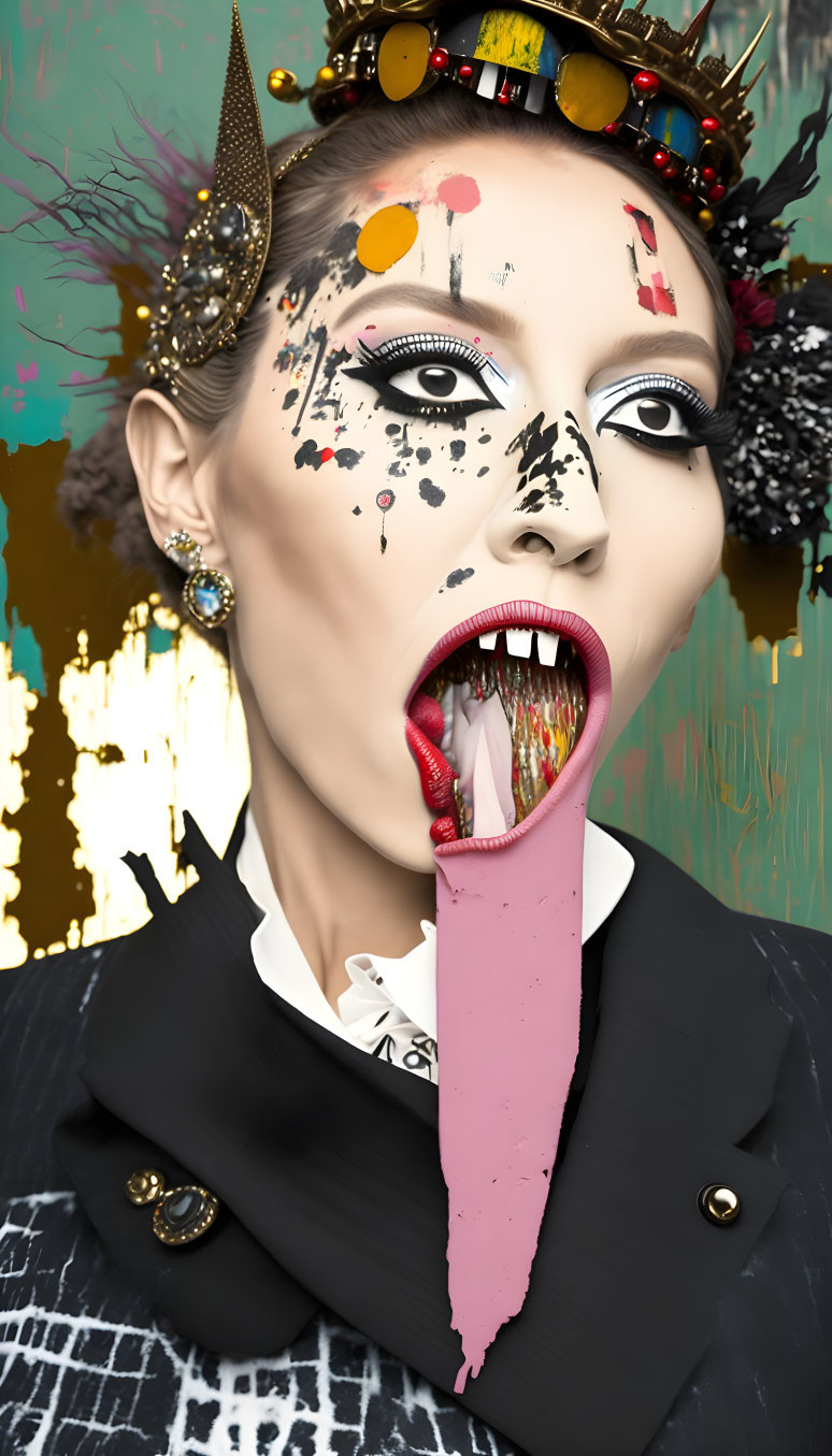 Avant-garde makeup and crown with pink tongue on paint background