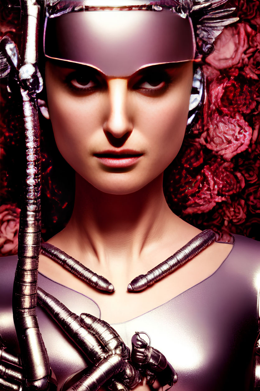 Futuristic woman in silver outfit with visor and metallic tendrils against floral backdrop