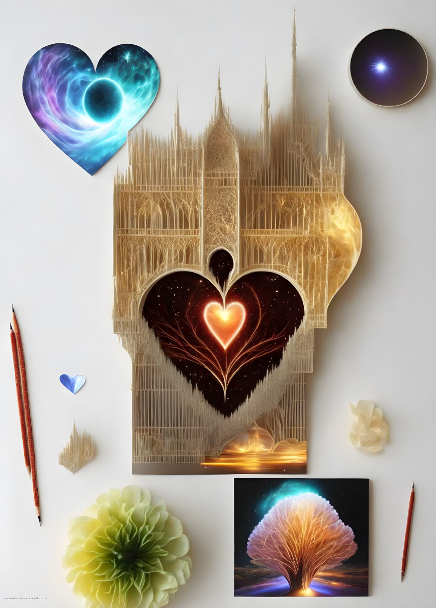 Heart-shaped book sculpture surrounded by cosmic hearts, pencils, flower, and minerals on white background