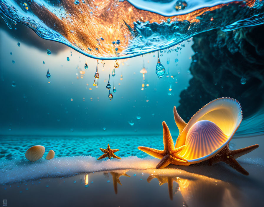 Glowing seashell, starfish, and small shell in underwater view