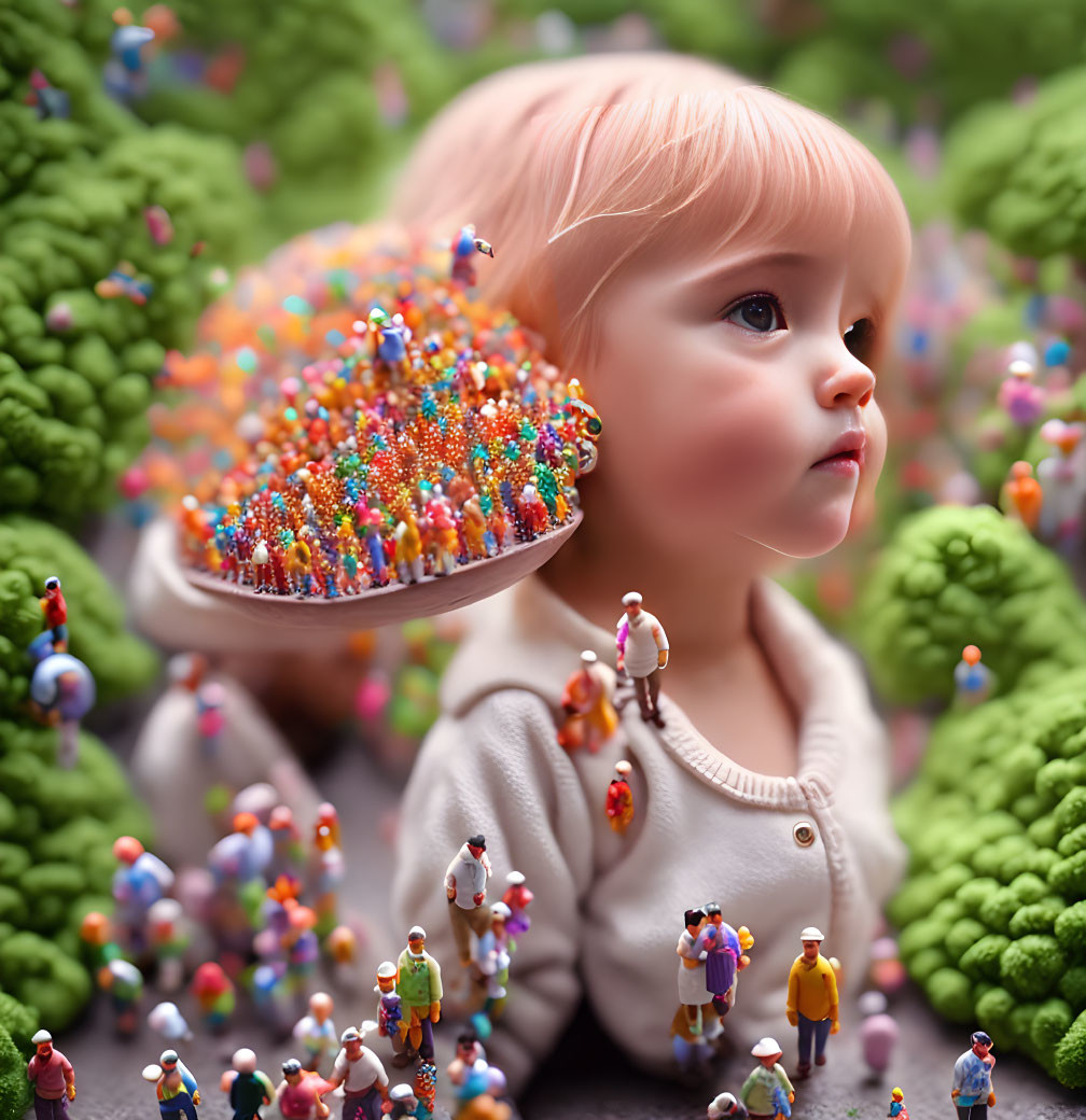 Toddler with Pinkish Hair Holds Colorful Beaded Toy in Whimsical Setting