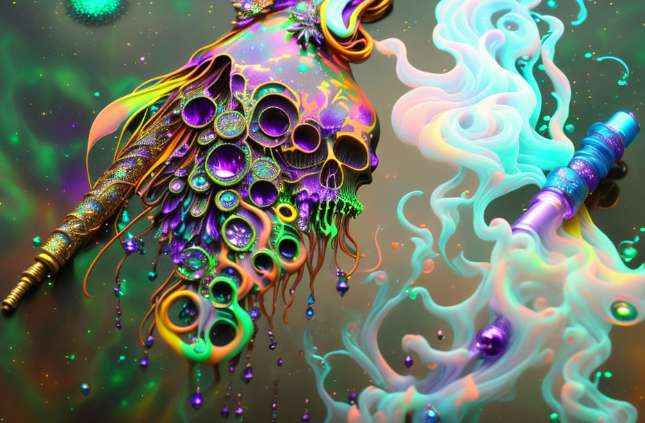 Abstract digital artwork with cosmic swirling patterns and neon colors