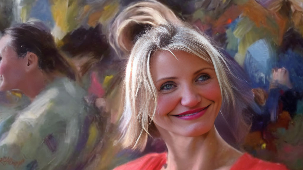 Blonde Woman Smiling in Red Top with Impressionistic Background