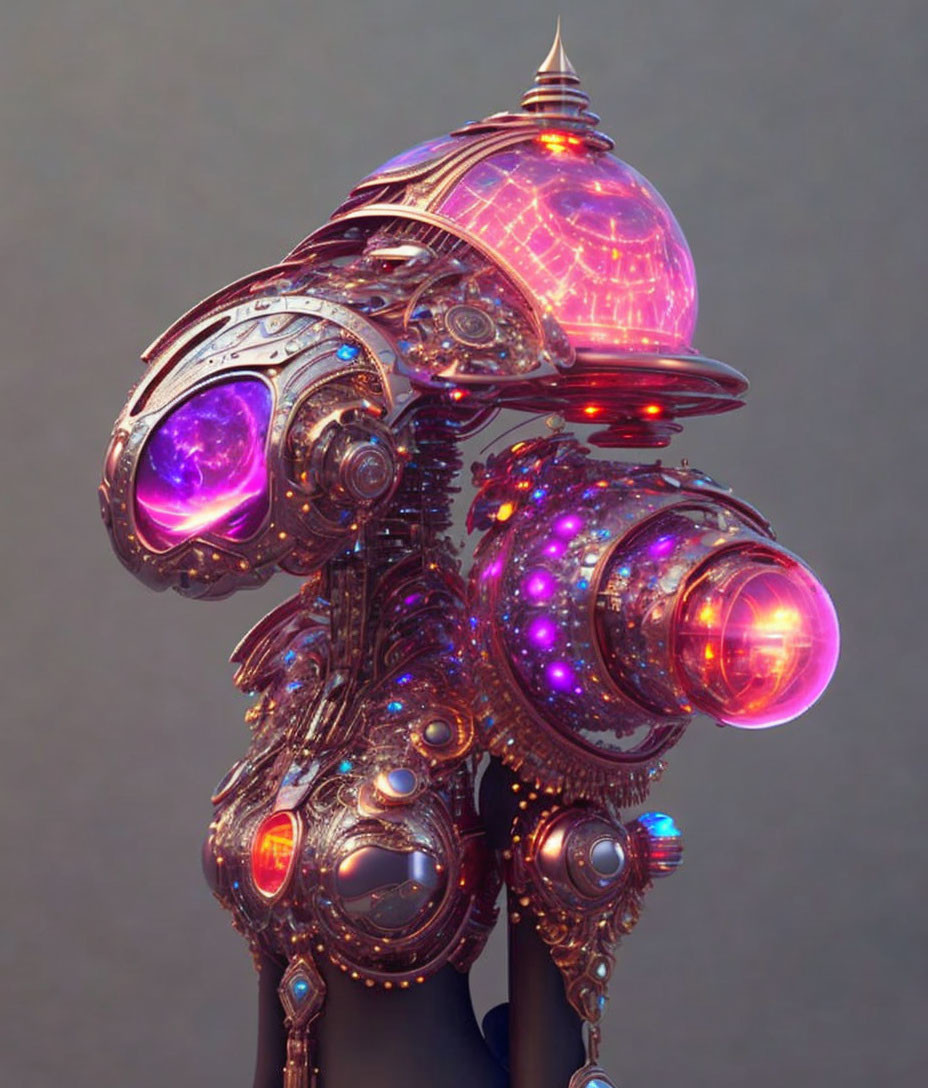 Intricate futuristic helmet with metallic designs and purple lights