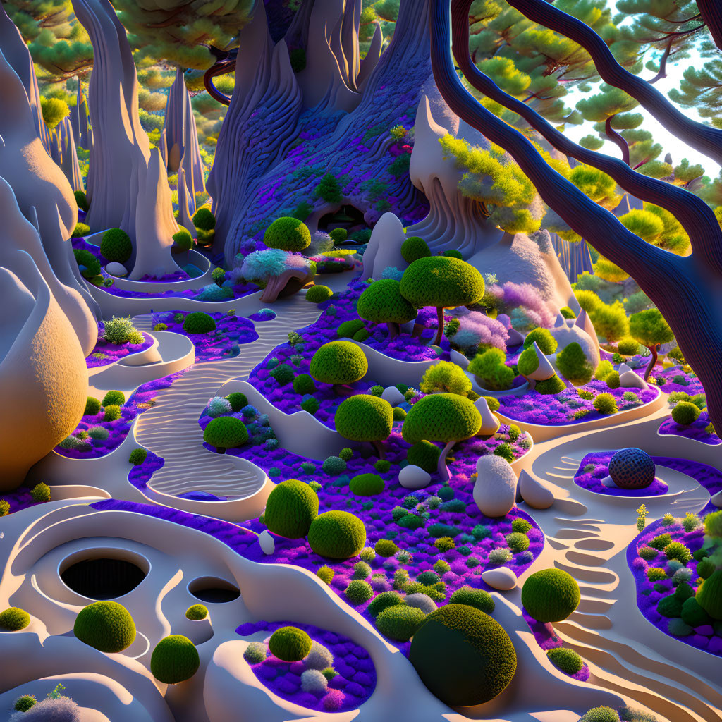 Colorful, whimsical forest with moss-covered shapes and undulating terrain