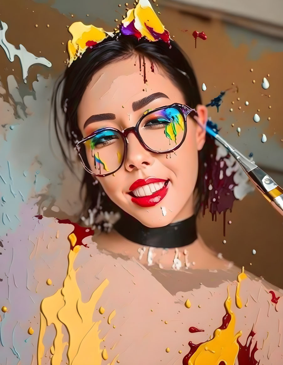 Woman with Glasses Smiling and Painting with Brush