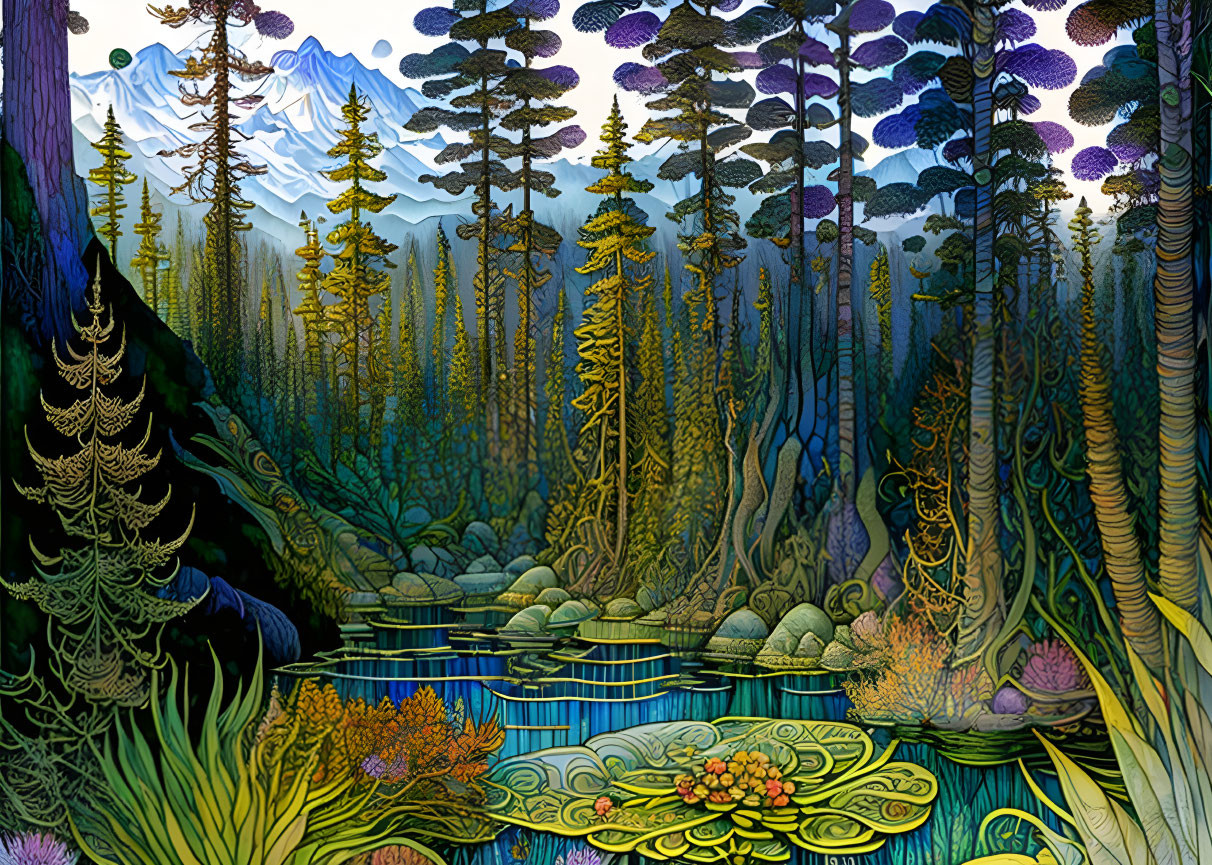 Colorful forest illustration by serene water