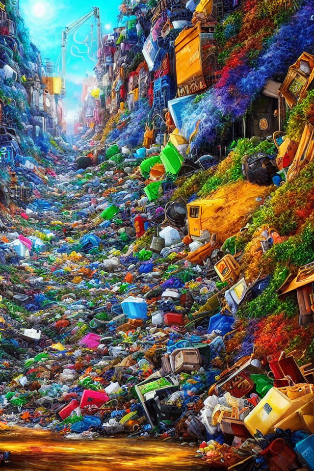 Colorful Cluttered Alleyway Overflowing with Trash under Clear Blue Sky