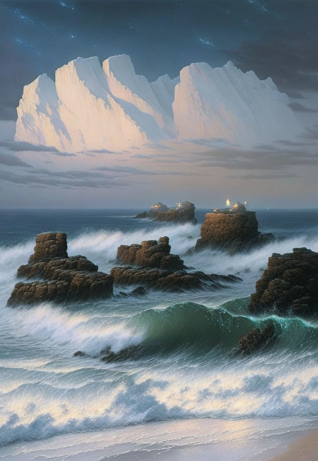 Tranquil dusk seascape with rocky outcrops, lighthouse, and white cliffs.