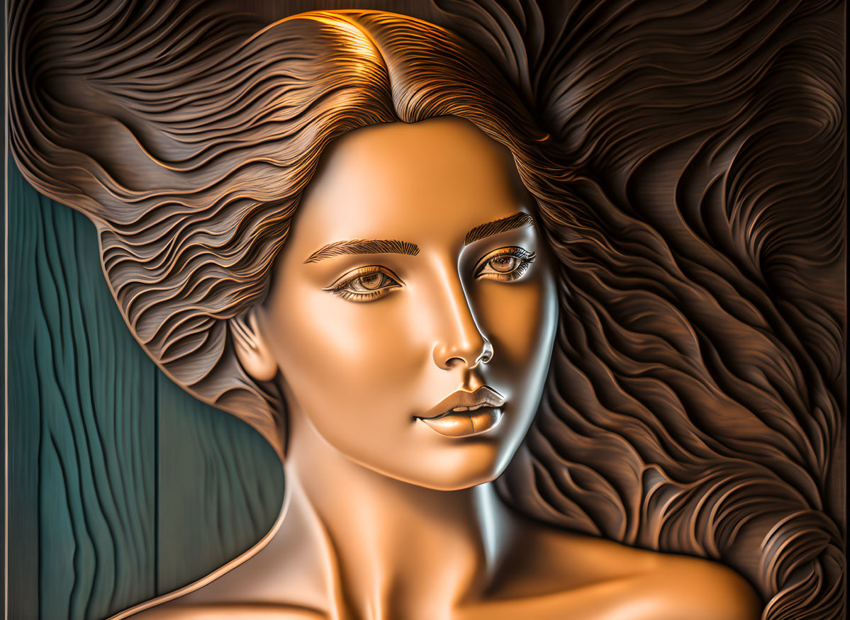 Abstract digital art: Woman with metallic hair on textured backdrop