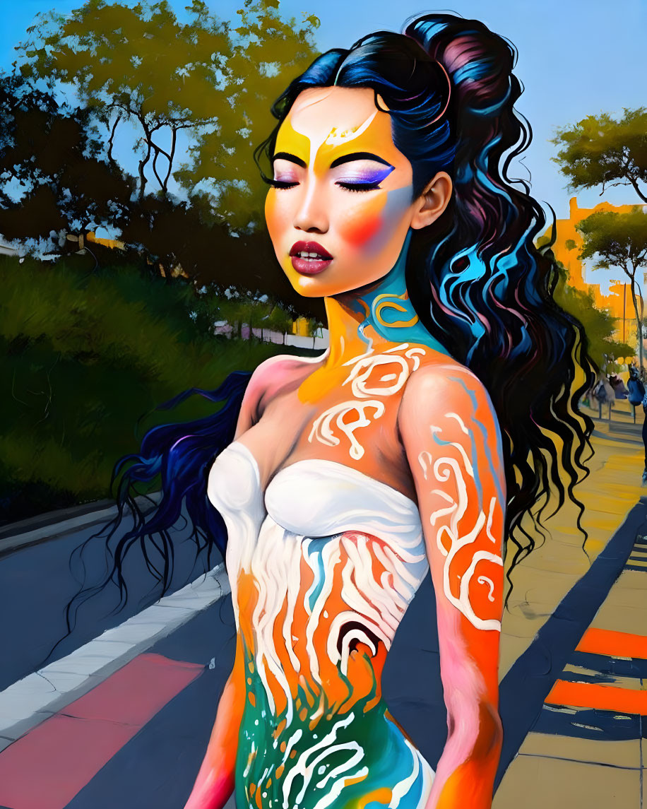 Colorful digital artwork of a woman with blue-black hair and body paint in urban park.