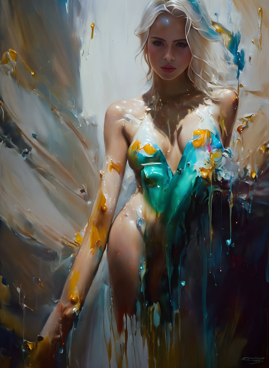 Blonde woman in multicolored swimsuit painting