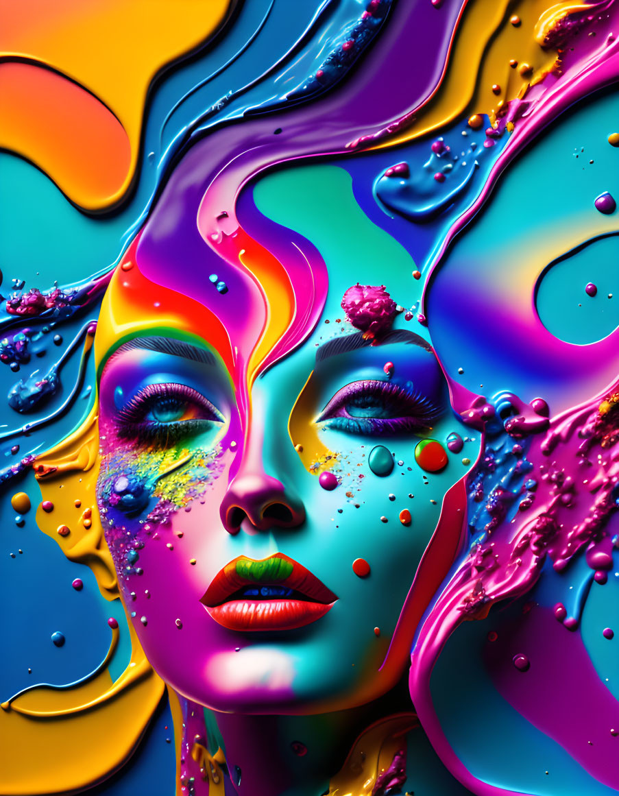 Colorful digital artwork of woman's face with liquid swirls and droplets