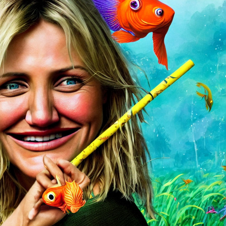 Smiling woman with colorful fish and pencil in underwater scene