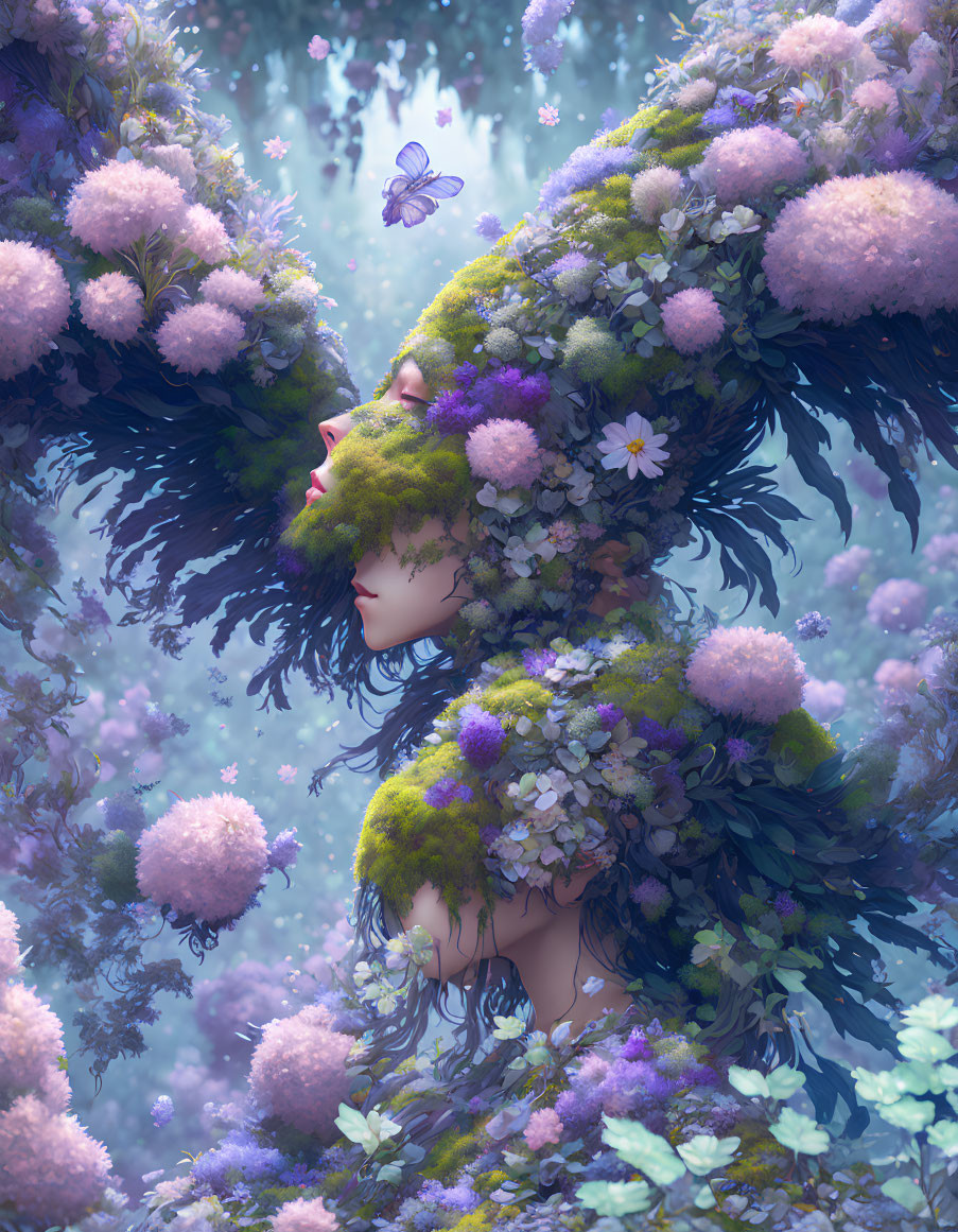 Woman merged with floral landscape in surreal image