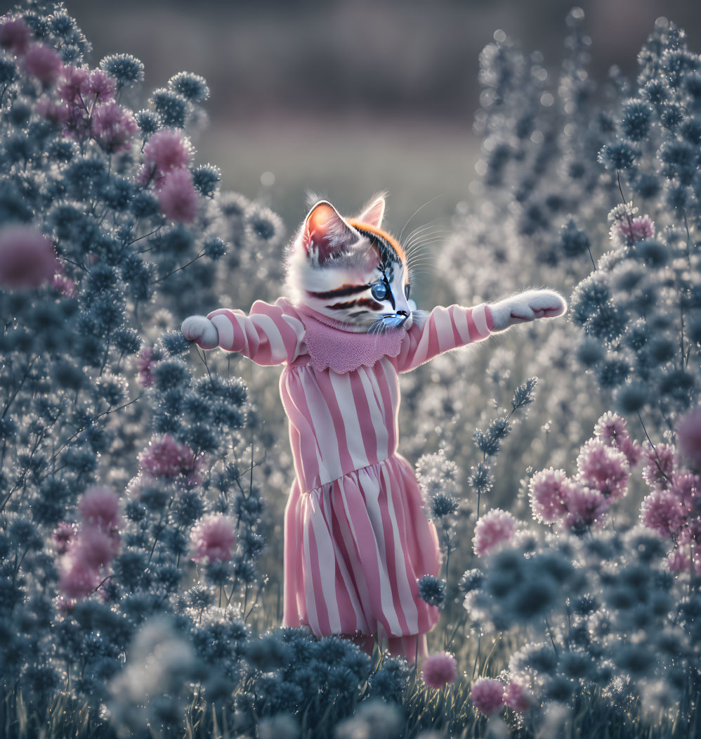 Cat with human body in pink dress surrounded by blooms.