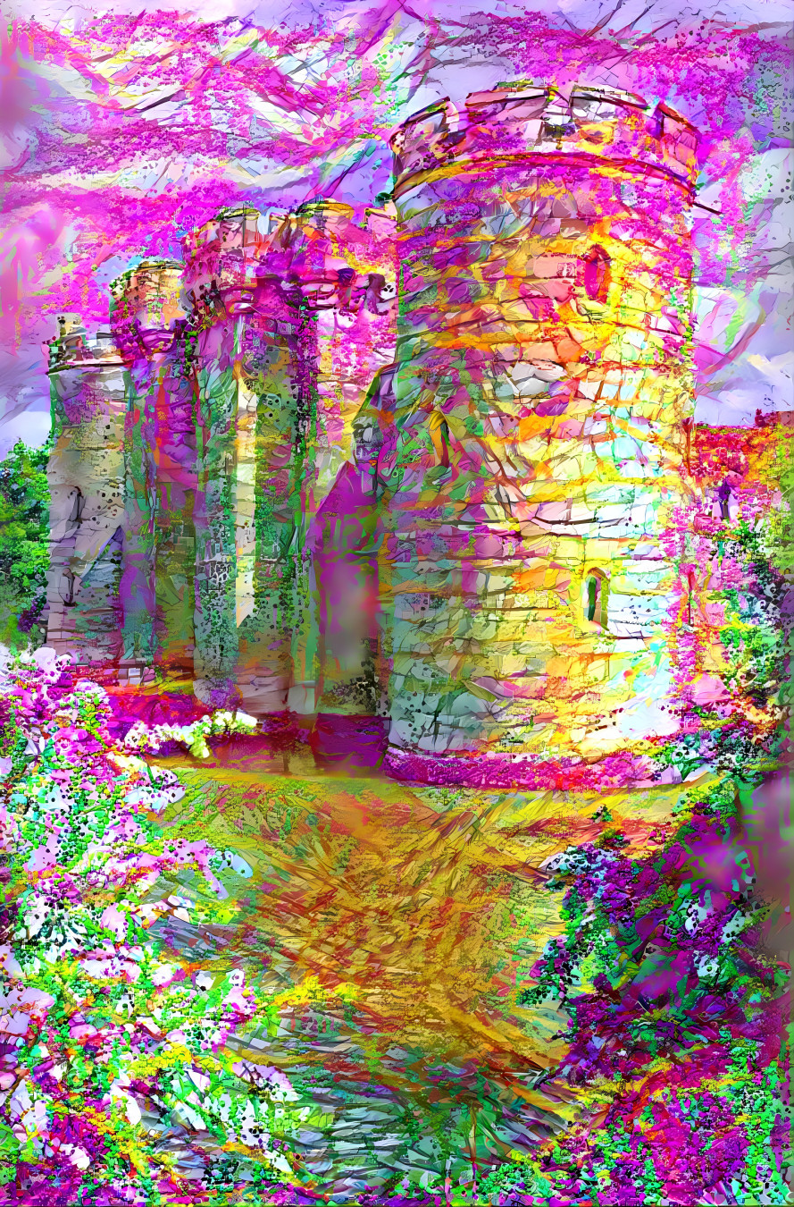 castle painting, yellow, pink, white, green