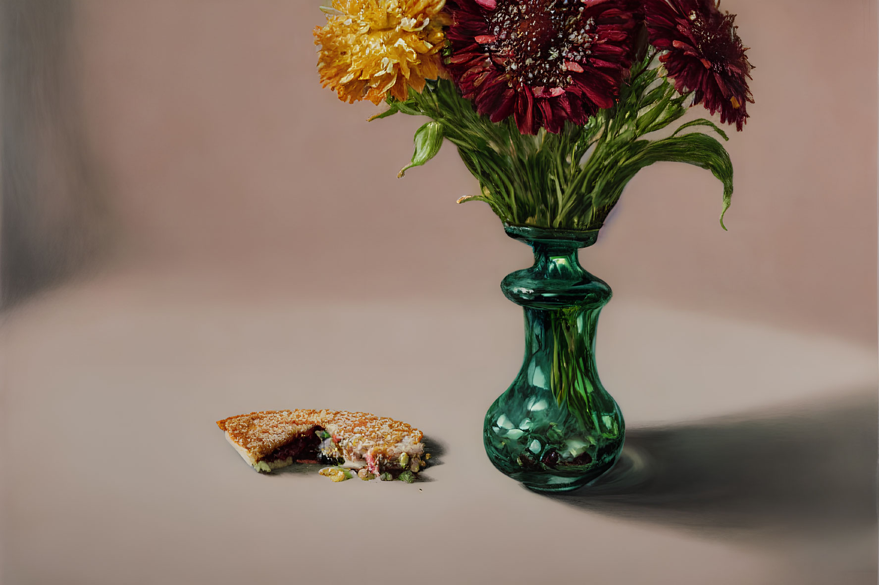 Green vase with vibrant flowers and slice of pie in still life composition