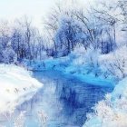 Snow-covered winter landscape with river at sunrise.