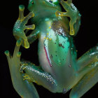 Vibrant green frog with yellow eyes in cosmic setting