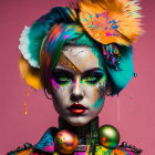 Vibrant multi-colored hair and artistic makeup against pink backdrop