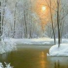 Snow-covered trees, calm river, sunlight in serene winter landscape